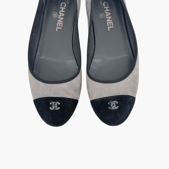 Chanel CC Gray Suede Black Cap Toe Ballet Flats Shoes Size 39 US 8-8.5 Logo - Picture 3 of 15
